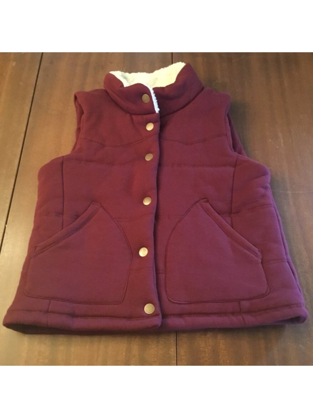 Burgundy Sleeveless Puffer Vest with Faux Fur Collar Button Closure & Pockets
